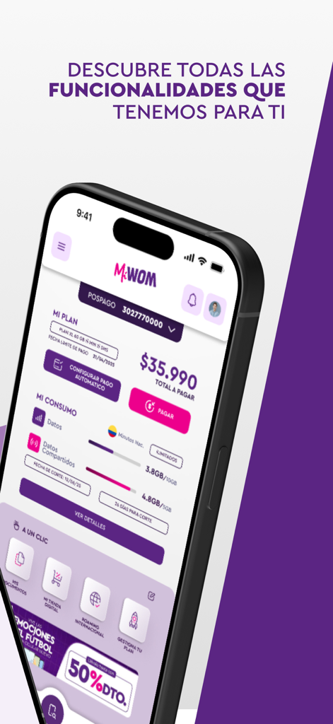 Interfaccia dell'app mobile Mi WOM che mostra il saldo del piano postpagato e il consumo di dati