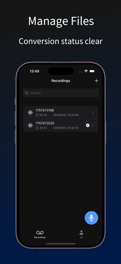 タイムスタンプと期間とともに、管理されたオーディオ録音リストを示すVoice to Textアプリのインターフェース。