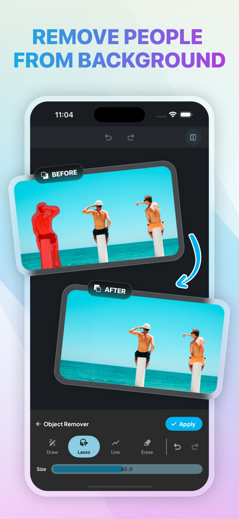 Before and after demonstration of removing a person from a beach photo using an AI object removal app
