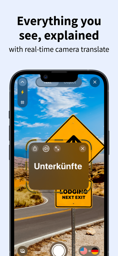 Real-time camera translation of an English road sign into German using the AI Voice Translator app