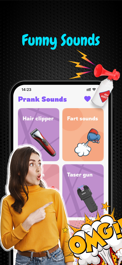 Test Lie Detector for Prank - A mobile app screen showing funny prank sound options like hair clipper and fart sounds with an OMG graphic