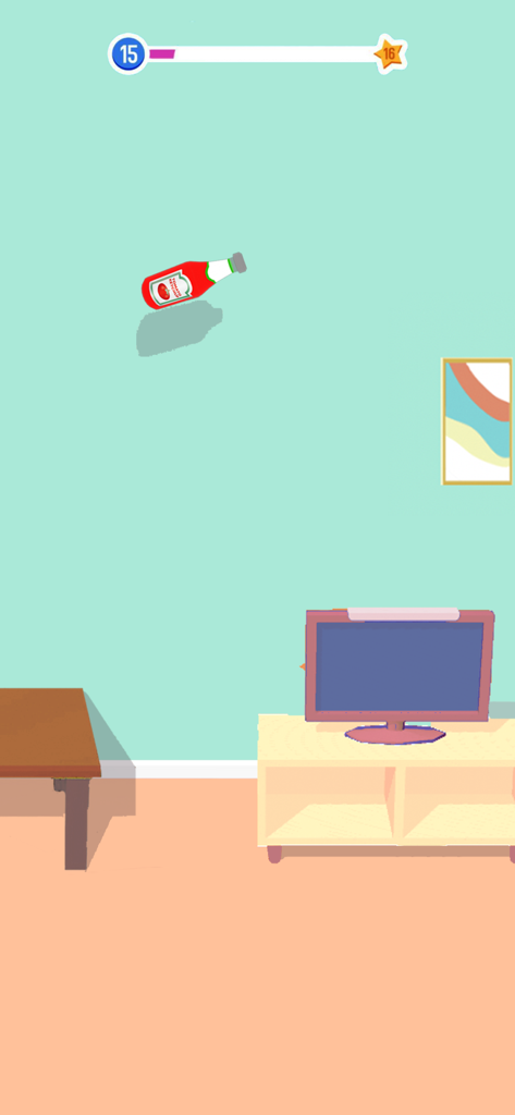 Gameplay of a ketchup bottle flipping in a living room in Bottle Flip Era