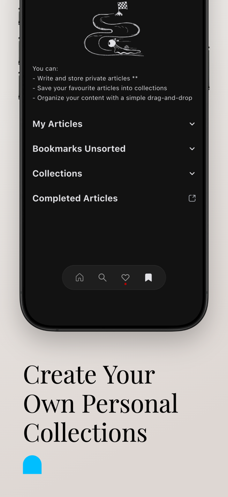 Onely: Advanced Vocab Builder - A minimalist mobile app screen showing options to organize and save English articles into personal collections.