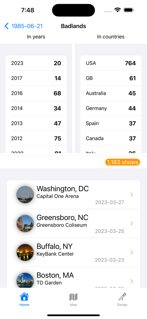 A mobile screen showing Bruce Springsteen concert statistics for the song Badlands with performance counts by year and country