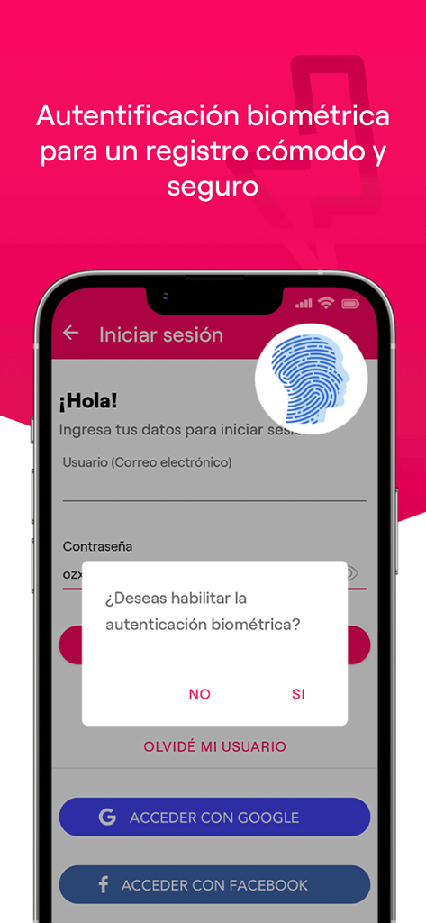 Login screen of the Enel Clientes Chile mobile app showing a biometric authentication prompt for secure access.