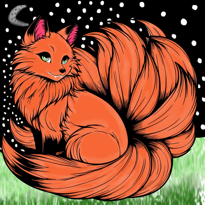 realistic detailed 9 tailed anime fox