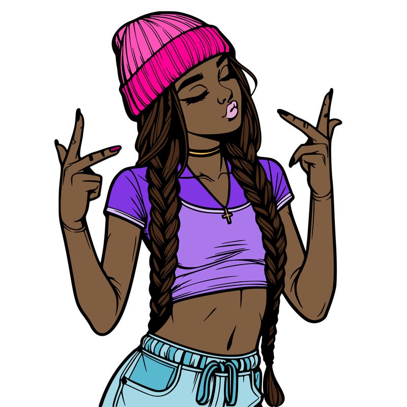 realistic teenage girl with braids and a beanie and crop top doing 🫶🏼
