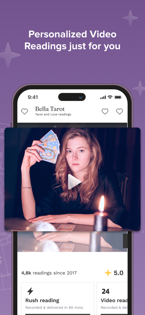 Purple Ocean Psychic Reading - A smartphone screen displaying a personalized video psychic reading by a tarot advisor.