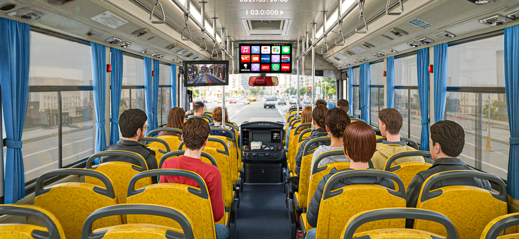 US Bus Simulator Coach Games - Vista interior de un autobús con pasajeros y asientos amarillos en US Bus Simulator.