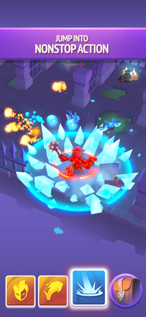 Nonstop Knight 2 - Action RPG - A red knight character using a circular ice skill to attack enemies in a dungeon