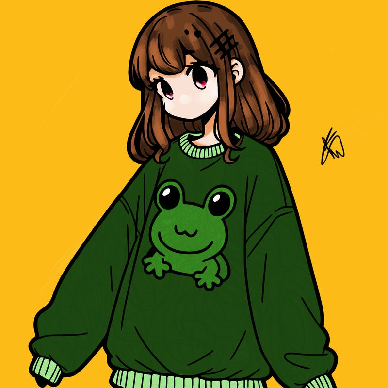 girl wearing frogging sweatshirt
