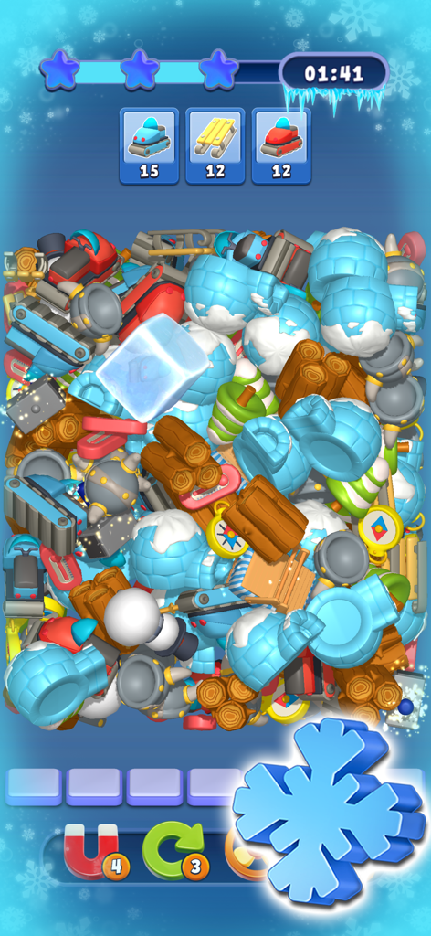 Match Manor - Match Manor gameplay showing a 3D triple match puzzle level with winter objects like igloos and snowmobiles