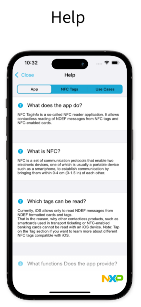 Help screen of the NFC TagInfo by NXP app displaying frequently asked questions about NFC technology and tag compatibility
