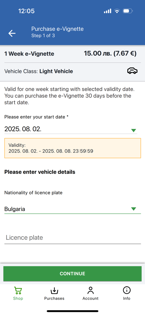 BGTOLL app interface for purchasing a one week e-Vignette for light vehicles