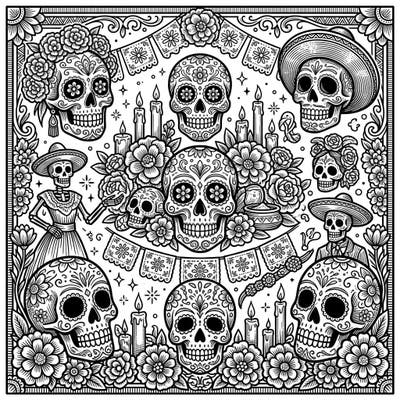Immerse yourself in the vibrant traditions of the Day of the Dead with this unique coloring page. Featuring intricately designed sugar skulls and cultural motifs, it's rendered in a classic woodcut and engraving style for an authentic artistic experience.