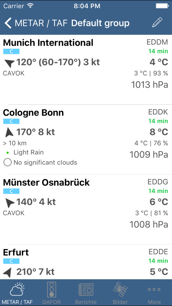 Aviation weather - Aviation weather app showing METAR and TAF reports for multiple airports