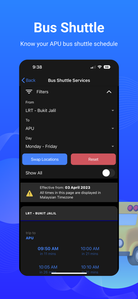 APSpace - APSpace app screen showing the campus bus shuttle schedule with location filters and arrival times.