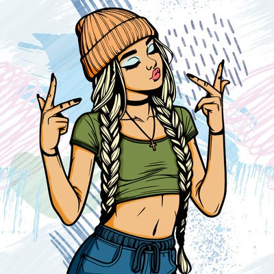 realistic teenage girl with braids and a beanie and crop top doing 🫶🏼