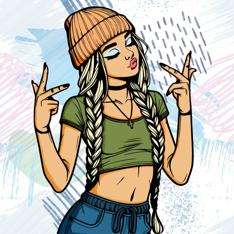 realistic teenage girl with braids and a beanie and crop top doing 🫶🏼