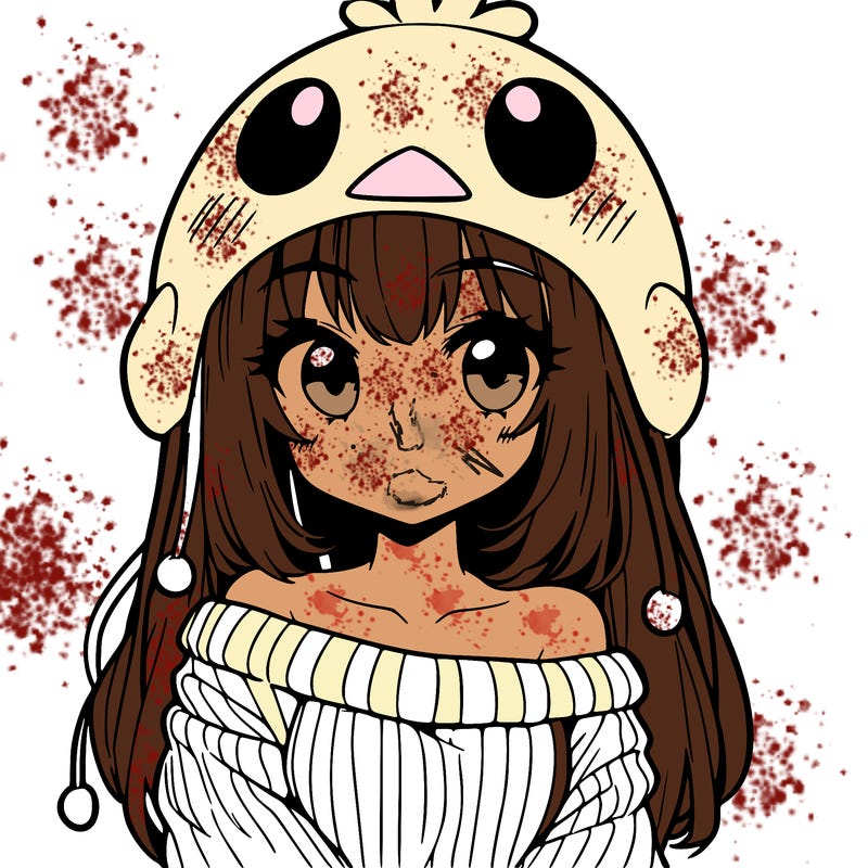 anime girl with chick shaped hat with sweater with bare shoulders with bangs covering them one eye with low tail