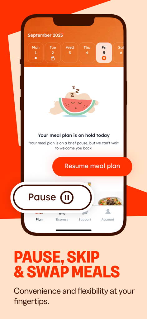 Smartphone screen showing Right Bite app meal plan pause and resume features for flexibility
