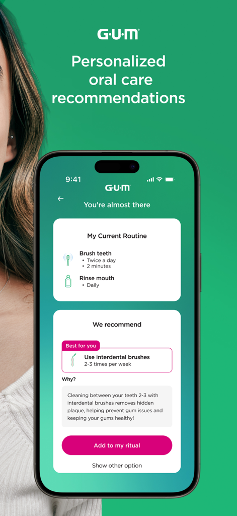 GUM SMART - Smartphone-Bildschirm, der die GUM SMART App mit personalisierten Empfehlungen zur Mundpflege und einer täglichen Putzroutine zeigt
