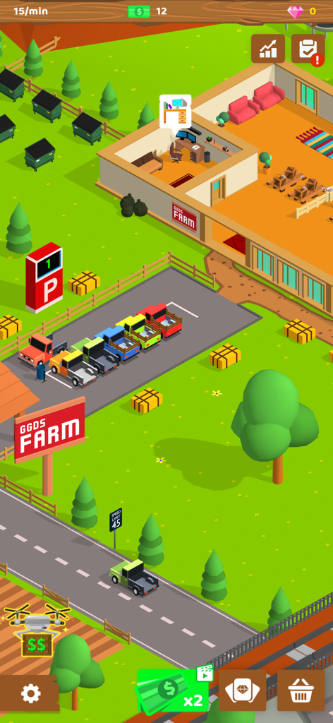 Isometric view of a farm empire showing a building with an office and colorful trucks in a parking lot.