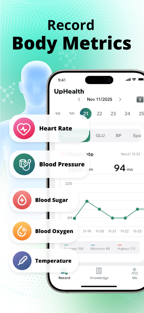 UpHealth:Heart Rate Monitor - 심박수와 혈압을 포함한 신체 지표를 기록하기 위한 UpHealth 앱 화면