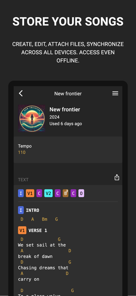 Bandfix: Songbook & Setlists - Bandfix app interface displaying a digital songbook with lyrics, chord charts, and tempo settings
