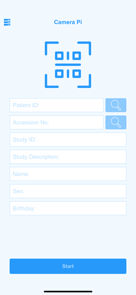 Camera Pi app patient information entry form showing fields for patient ID study ID and clinical details