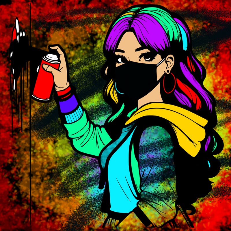 realistic girl with mask spray painting a wall
