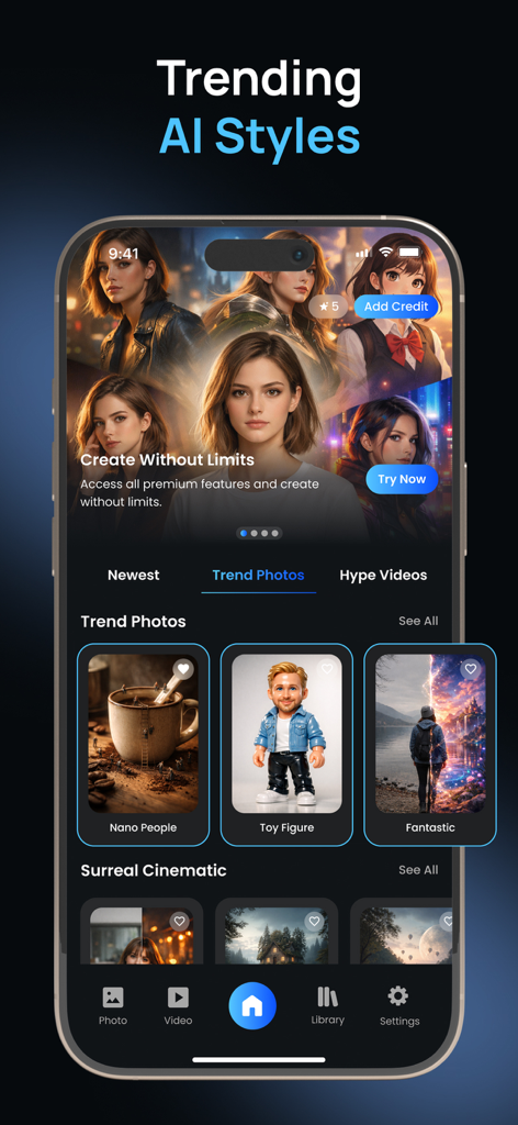 Pixoo-AI Photo&Video Generator - Pixoo app interface displaying trending AI photo styles and creative effects