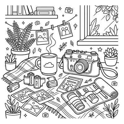 Embrace the joy of a peaceful weekend with this delightful coloring page, celebrating the art of photography. Immerse yourself in a world of vintage cameras, film, and cozy details ready for your artistic touch.