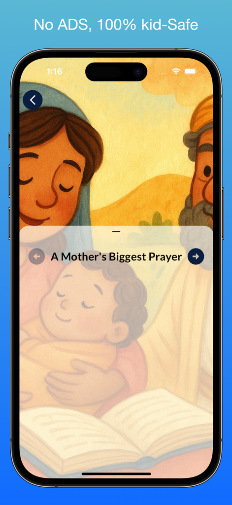 Kids Bible Stories app | Grace - Captura de pantalla de la aplicación Grace que muestra una ilustración de historia bíblica titulada La mayor oración de una madre con un banner de Sin Anuncios