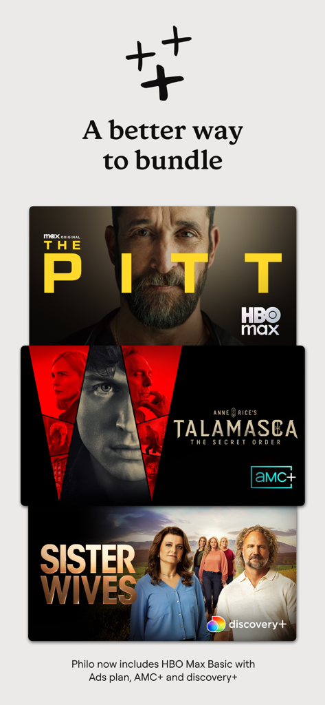 Pacote do aplicativo Philo com conteúdo do HBO Max, AMC Plus e Discovery Plus.
