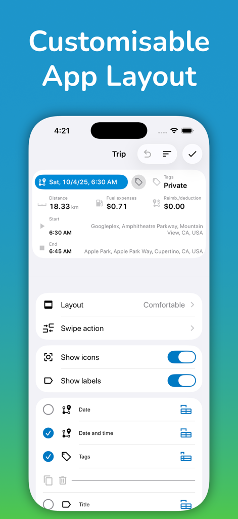 Motolog Mileage Tracker - Motolog app screen displaying trip details and customization options for vehicle mileage tracking