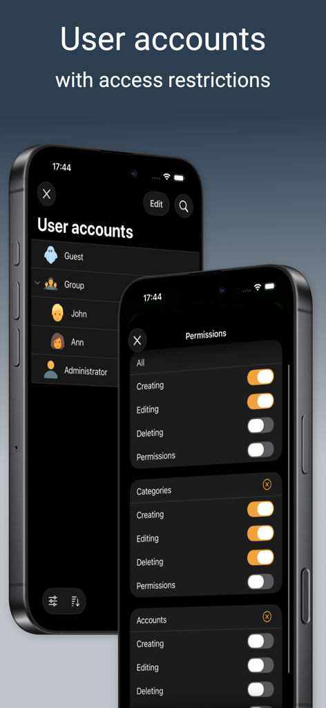 Alzex Finance Pro - Two phone screens displaying user account management and granular access restriction settings in the Alzex Finance Pro app.