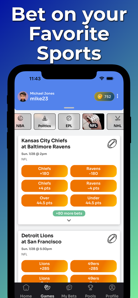 WagerLab - Place & Track Bets - A mobile interface of WagerLab app showing betting odds for NFL games including moneyline and point spread options.