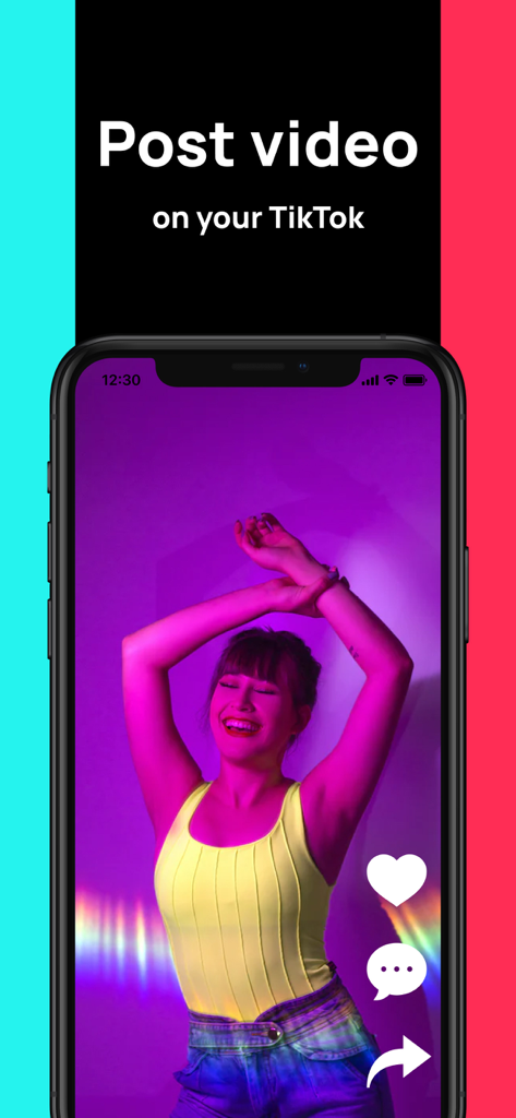 Ein Smartphone-Bildschirm, der ein farbenfrohes TikTok-Video mit dem Text „Video auf TikTok posten“ anzeigt
