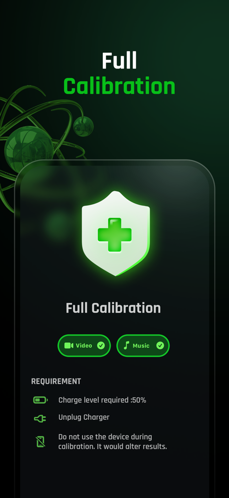 Battery Life Health Doctor Pro - Full calibration screen of the Battery Life Health Doctor app showing device maintenance requirements