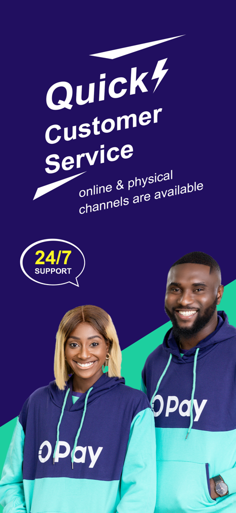 OPay 24 7 customer service and support screen featuring friendly representatives