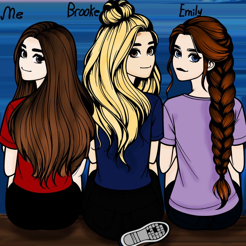 realistic group of three girls one with long hair and one with shoulder length hair and one with a braided bun sitting down from behind