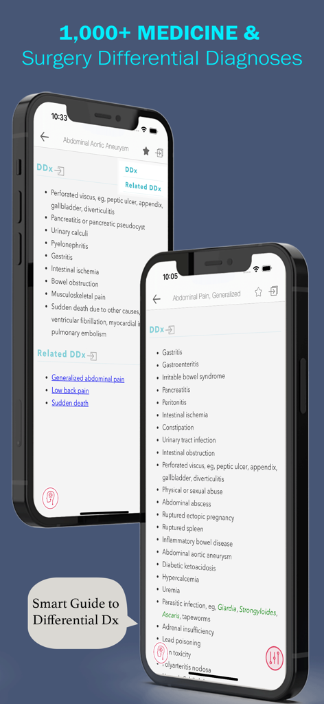Dos pantallas de smartphone que muestran listas de diagnósticos diferenciales clínicos para afecciones abdominales dentro de la aplicación MobileDDx.
