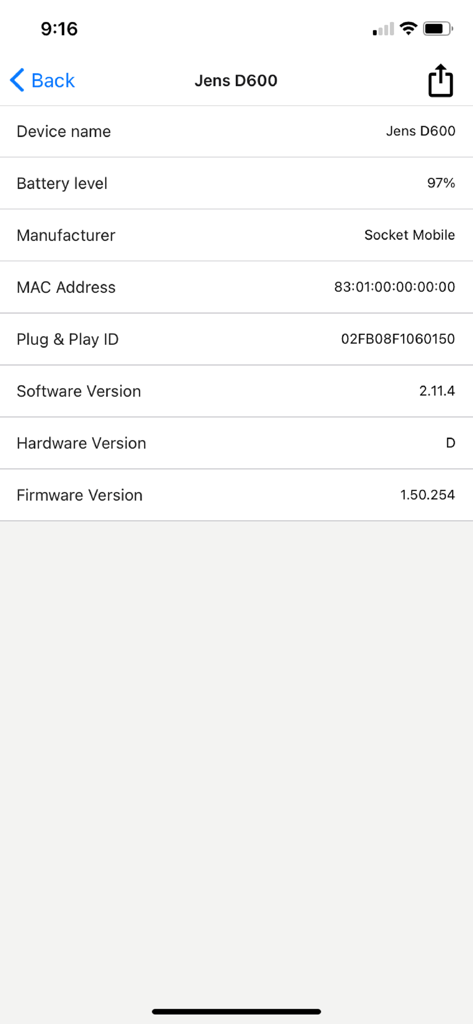 Maintenance by Socket Mobile - Screenshot of Maintenance by Socket Mobile showing technical device details including battery level and firmware version