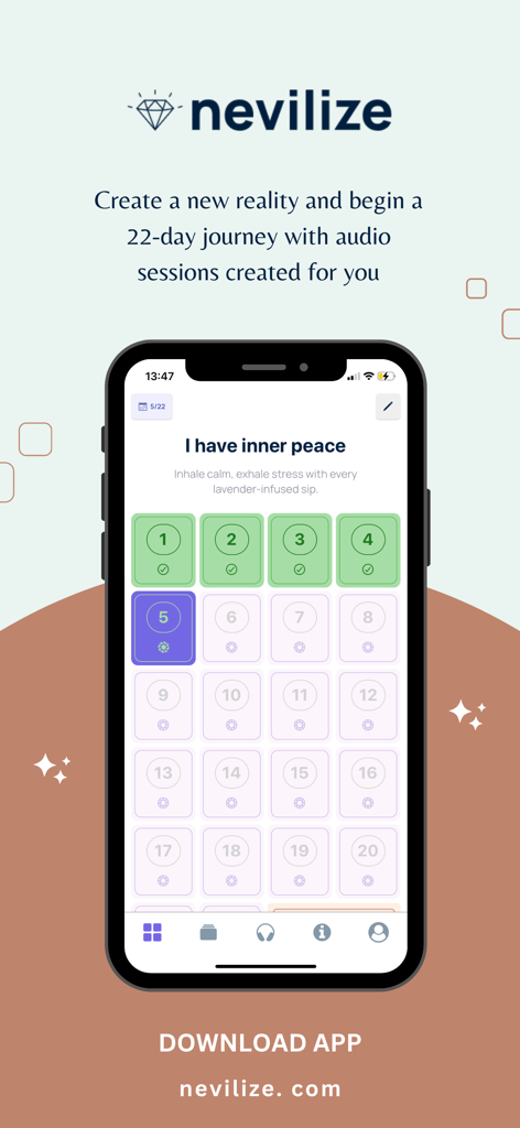 Nevilizeアプリの22日間具現化ジャーニー追跡画面には、毎日のアファメーションが表示されています