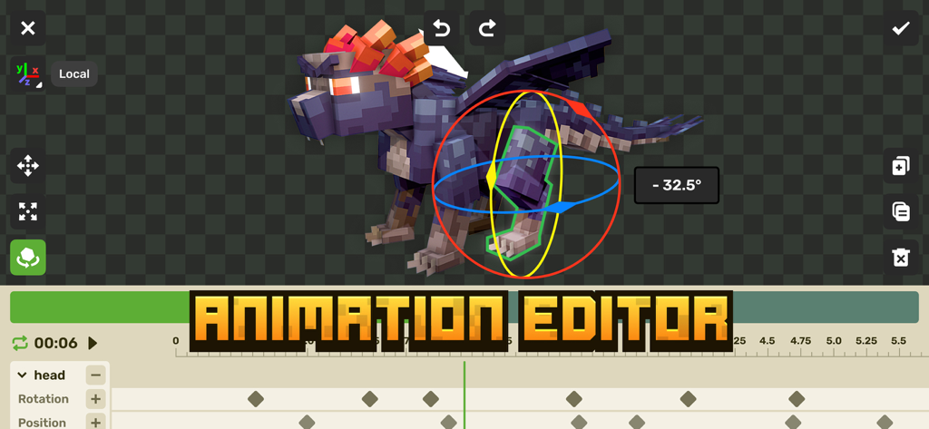 Craft Addons for MCPE - Interface of the Craft Addons for MCPE animation editor showing a 3D dragon model being posed with rotation tools and a timeline