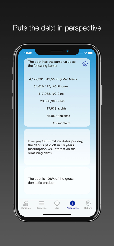 Smartphone screen from the National Debt app showing debt compared to tangible items like Big Macs and iPhones to provide fiscal perspective.
