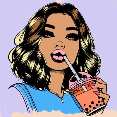 realistic girl with glossy lips holding boba