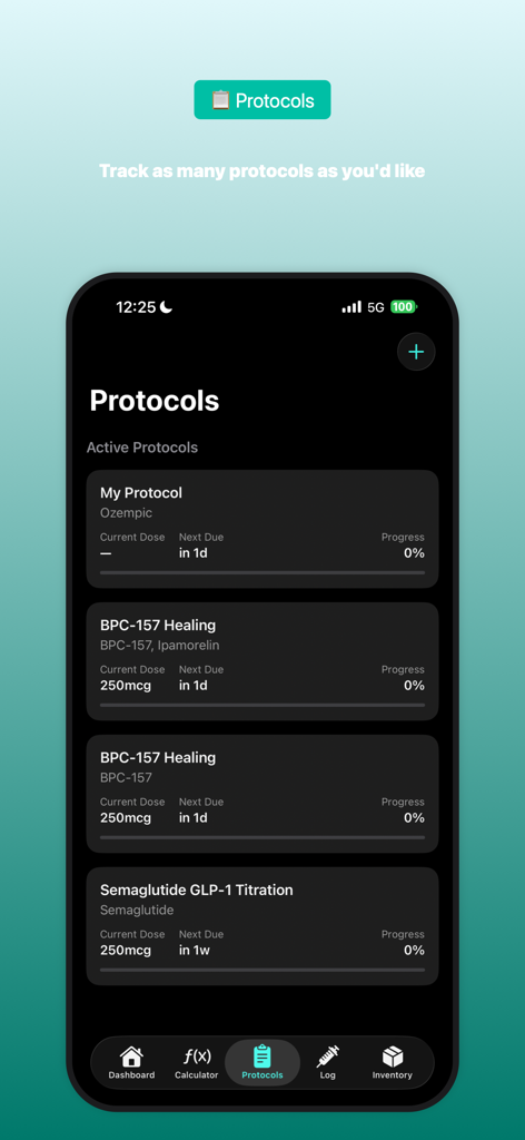 PepDose mobile app interface showing a list of active peptide protocols with dosage schedules for Ozempic BPC-157 and Semaglutide