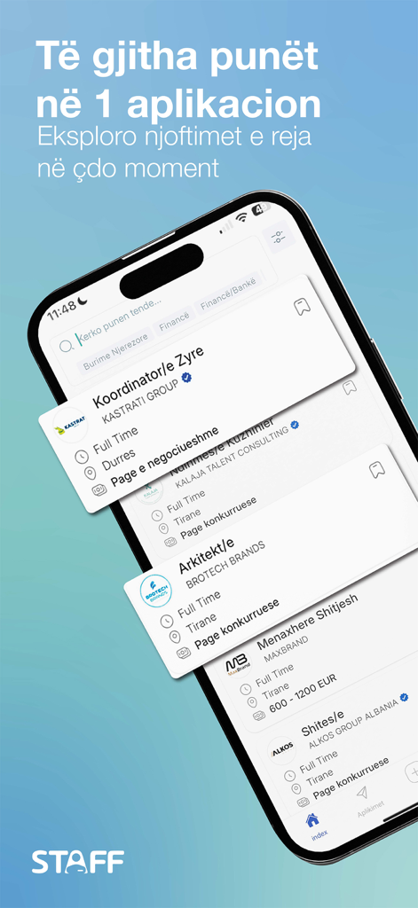 Pantalla de smartphone de la aplicación Staff.al que muestra tarjetas de vacantes de empleo e interfaz de búsqueda